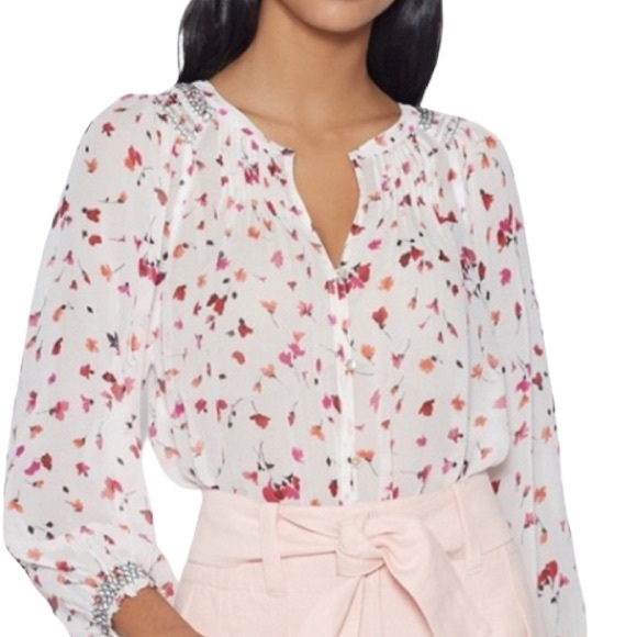 Joie Gontilda Silk Pink Floral Printed Semi Sheer Smocked Pintucked Blouse - M - Picture 16 of 16